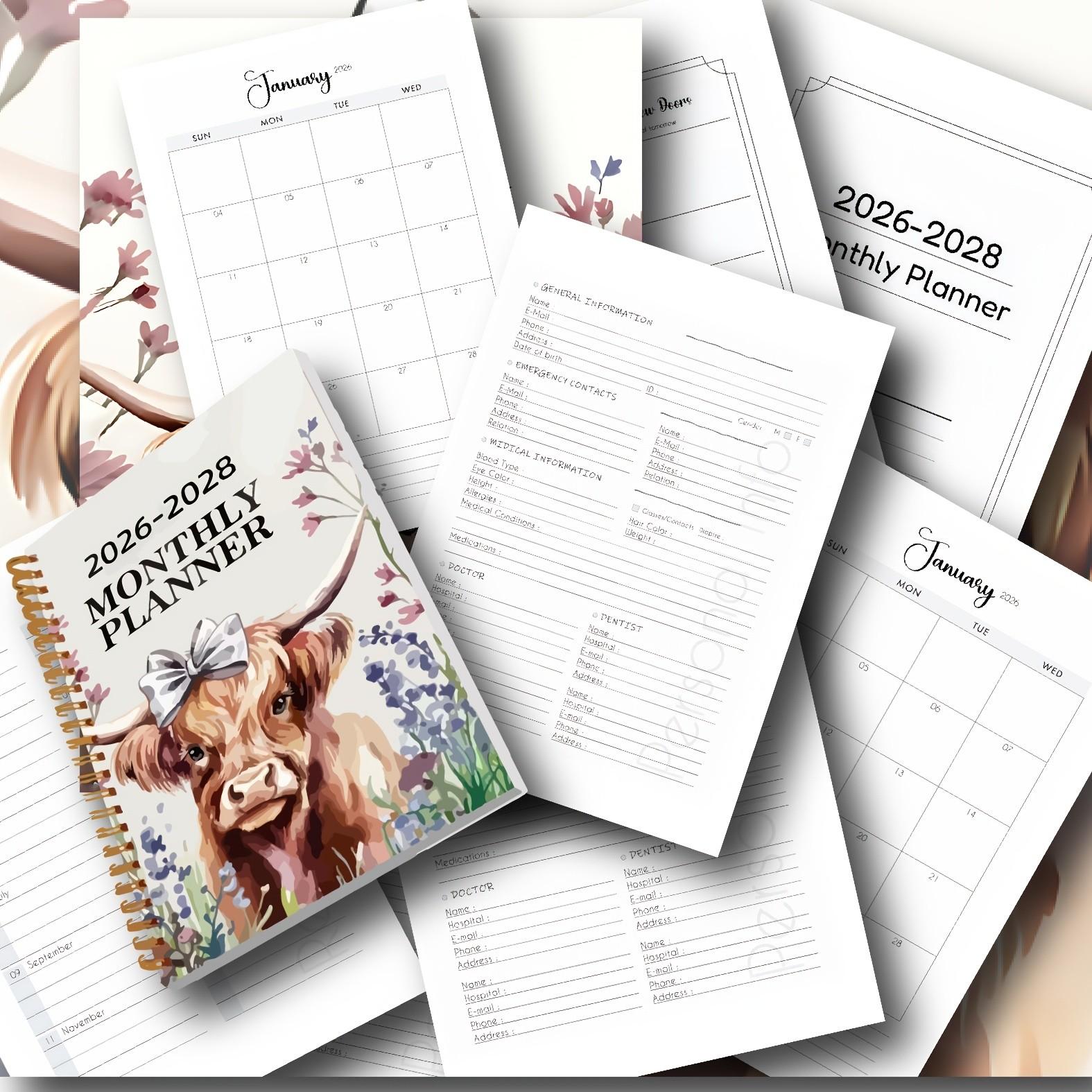 Highland Cow Monthly Planner Notebook 2026-2028, Coilbound Looseleaf Schedule Organizer, Essential Planning Tool for Efficient Time Management