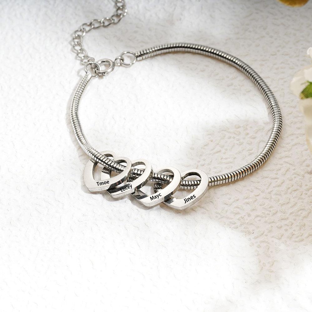 AS976 Personalized Mom Bracelet with Kids Names, Custom Heart Charm Bracelet, Engraved Name Jewelry,  Gift for Mom Grandma