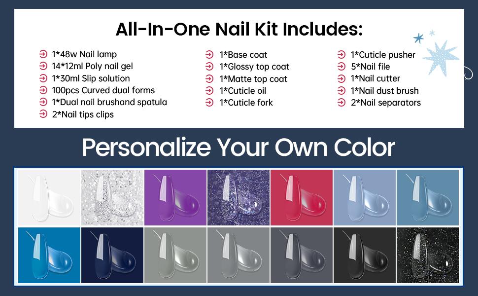 JEWHITENY 14 Colors Poly Nail Gel Kit All-in-one Kit Poly Nail Gel Kit with Nail Lamp Builder Nail Gel Nail Strengthen DIY at Home Beauty Gifts Matte and Glossy Top Coat