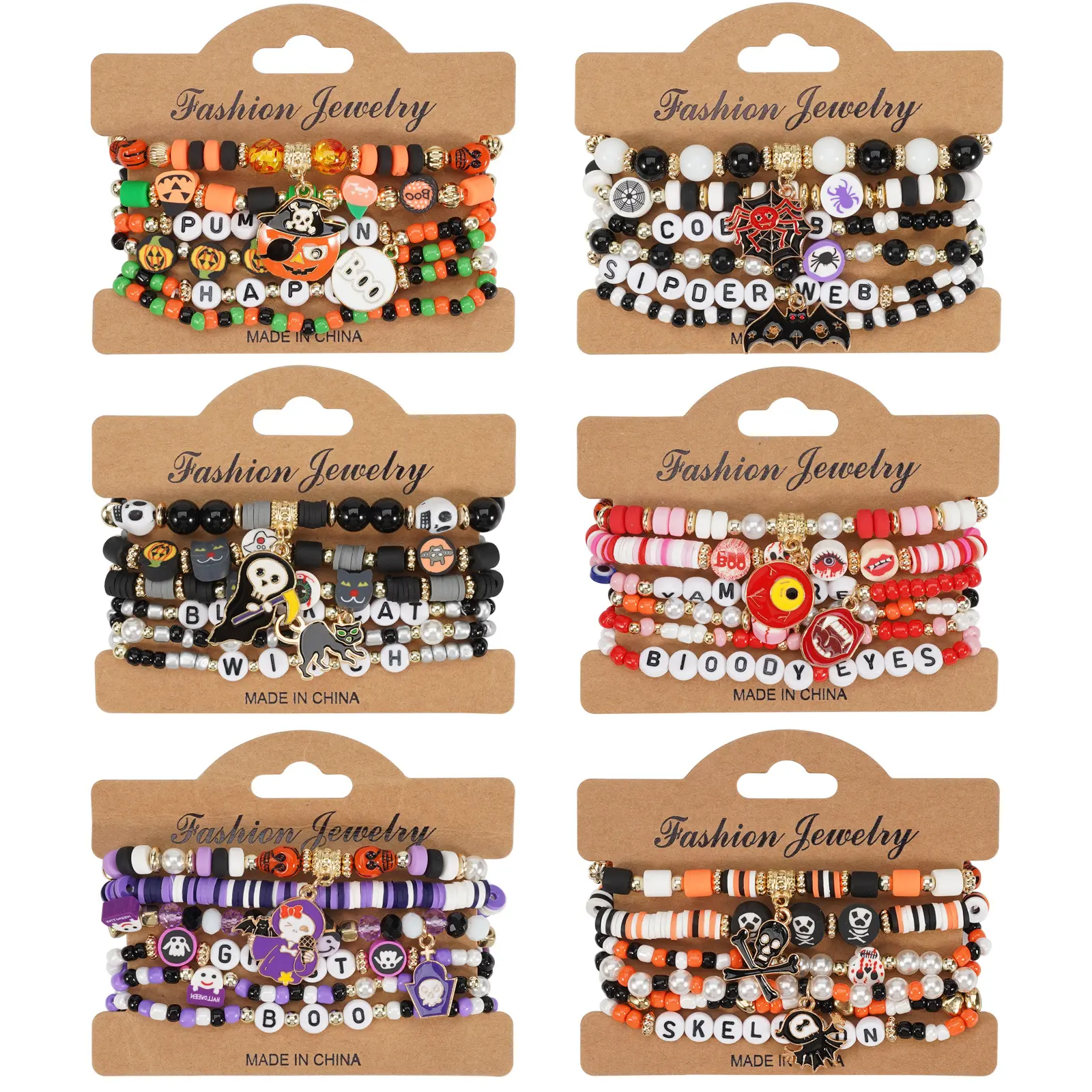 6Pcs Multilayer Halloween Bracelets Set For Men Women, Handmade Elastic Polymer Clay Beaded Bracelets Funny Ghosts, Skeletons, Spiders Pendants Beaded Bracelet Holiday Costume Jewelry Party Supplies Gift