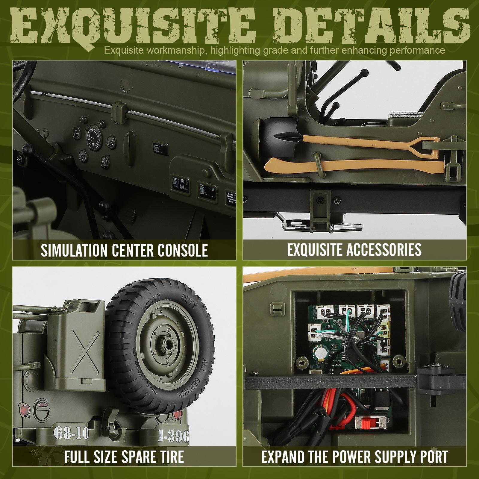 Willys RC Off-Road Vehicle - 2 Batteries, Professional Full-Size Proportional Transmission, Alloy Chassis, Steering Linkage, Multi-Mode Lights, Optional Body Tarp & Electric Winch Compatibility (All-Terrain Outdoor Climbing Toy Car) Rc Model Car Remote Co