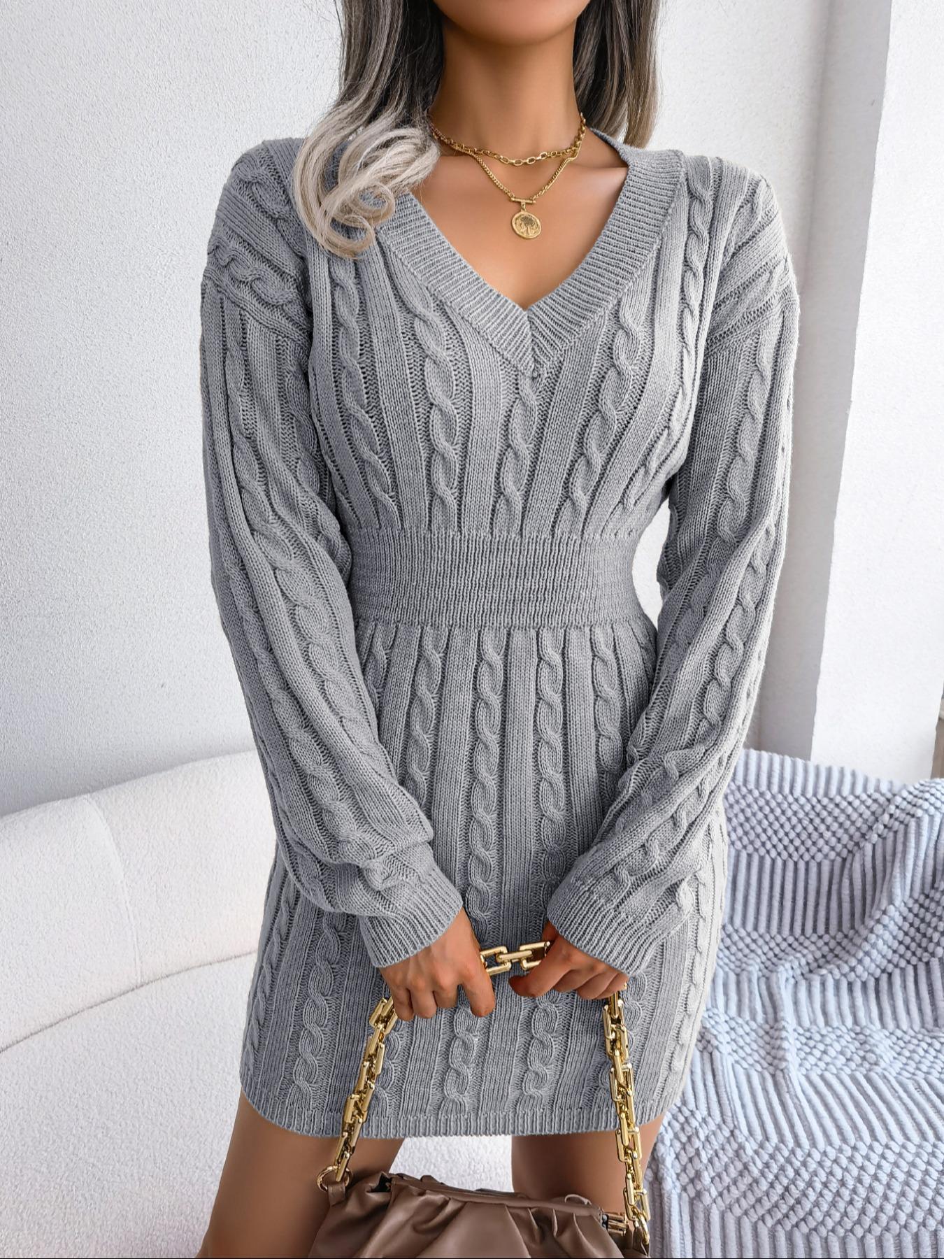 Women's Basic Comfort Solid Textured Drop Shoulder Sweater Dress, Lady's Lady Long Sleeve V Neck Cable Knit Dress, Casual Chic Dress