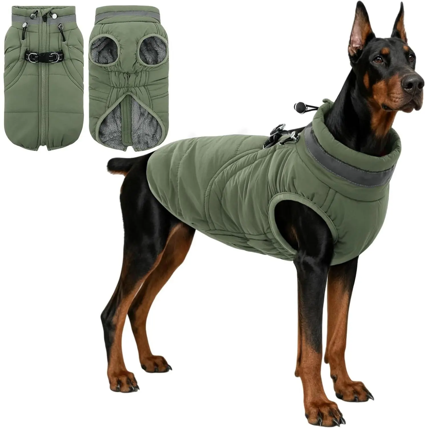 Windproof Waterproof Dog Coat, Reflective Dog Jacket with Built-in Harness, Fleece Lined Cold Weather Coat with Zipper for Winter, Cold Weather Outdoor Adventures(3XL,Green)