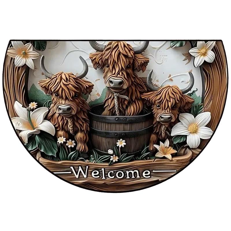 Half Round Welcome Door Mat, Vintage American Style Highland Cow Rug, Indoor Entrance Hall Carpet, Durable Fabric, Suitable for Living Room Bedroom