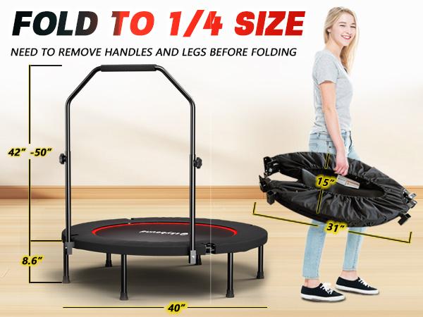 SkyBound 600 LBS Tested Foldable Mini Trampoline, 40'' Fitness Rebounder with Springs/Bungees, Adjustable U-Bar Handle, Stable Quiet Indoor/Outdoor Exercise Equipment