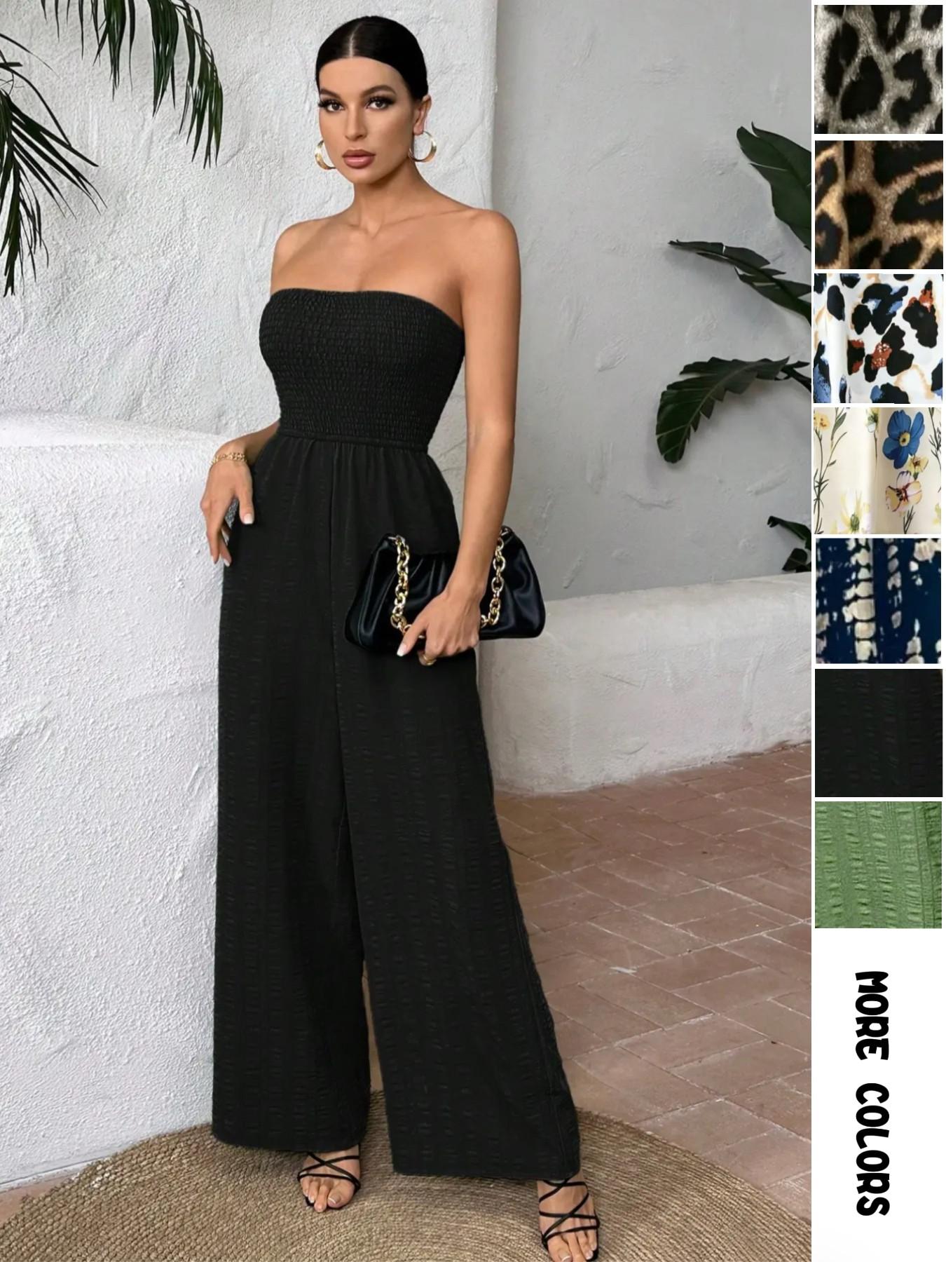 Women's Leopard Print Shirred Wide Leg Jumpsuit, Casual Sleeveless Tube Jumpsuit for Vacation Holiday, Ladies Clothes for All Seasons