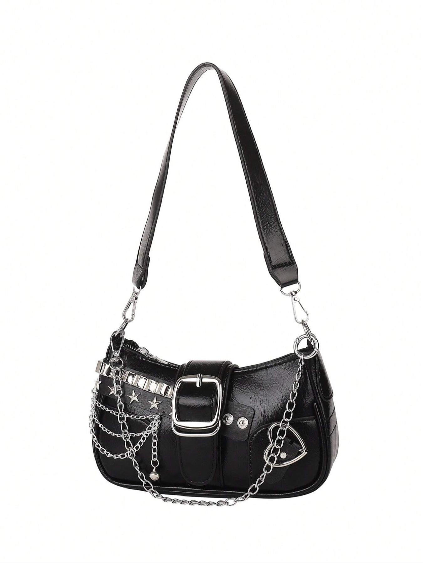 Vintage Y2K Style Women's Shoulder Bag, Crossbody Chain Bag, Star Chain Design, Detachable Strap, Zip Closure, Casual Handbag for All Seasons