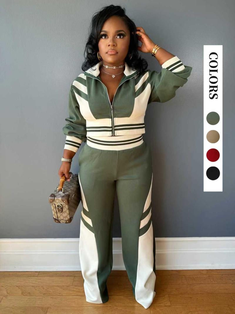 Women's Colorblock Print Zip Up Crop Jacket & Pants Two-piece Set, Casual Matching Set, Casual Fashion Cozy Breathable Two Piece Outfits for Daily Outdoor Wear, Women Clothes for Fall & Winter