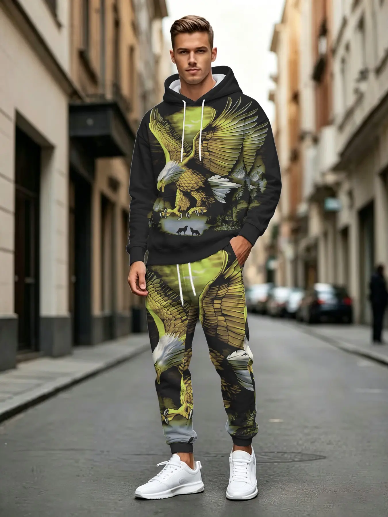 Autumn And Winter Eagle Flag Digital Printed Sportswear Set Hoodie+Sweatpants 2-Piece Set Eagle Pattern Men'S And Women'S Fashion Casual Long Sleeve Hoodie And Pants Set Hooded Tracksuit Set