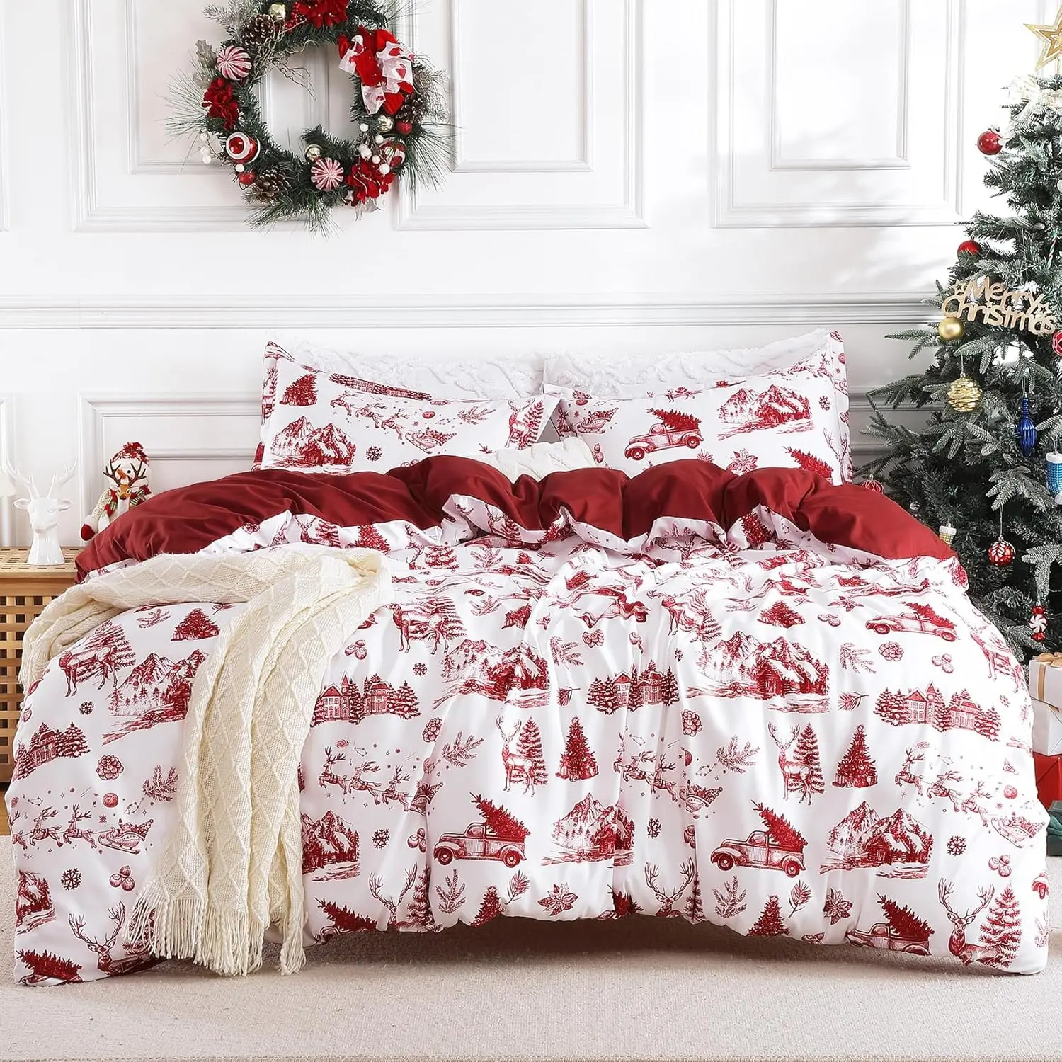Christmas Duvet Cover King, Soft Brushed Microfiber Comforter Cover Sets, Reindeer Printed Holiday Theme Bedroom Decorative Bedding (King Size, Christmas Boho Red)