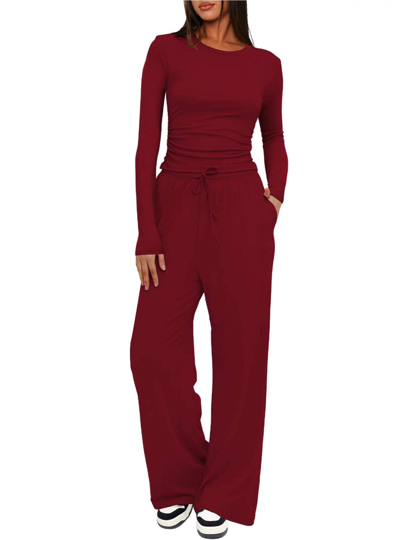 2026 Women's Solid Ruched Drawstring Loungewear Set, Casual Breathable Long Sleeve Round Neck Top & Pocket Wide Leg Trousers, Ladies Sleepwear for All Seasons Pajama Set