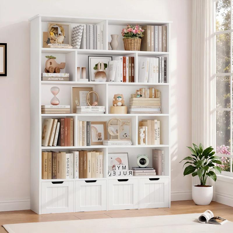FOTOSOK Bookshelf and Bookcase with 4 Movable Drawers, Toy Organizer with Hidden Wheels and 12 Open Cubbies, Tall Bookshelf Large Open Book Shelf Standing Book Case for Home Office