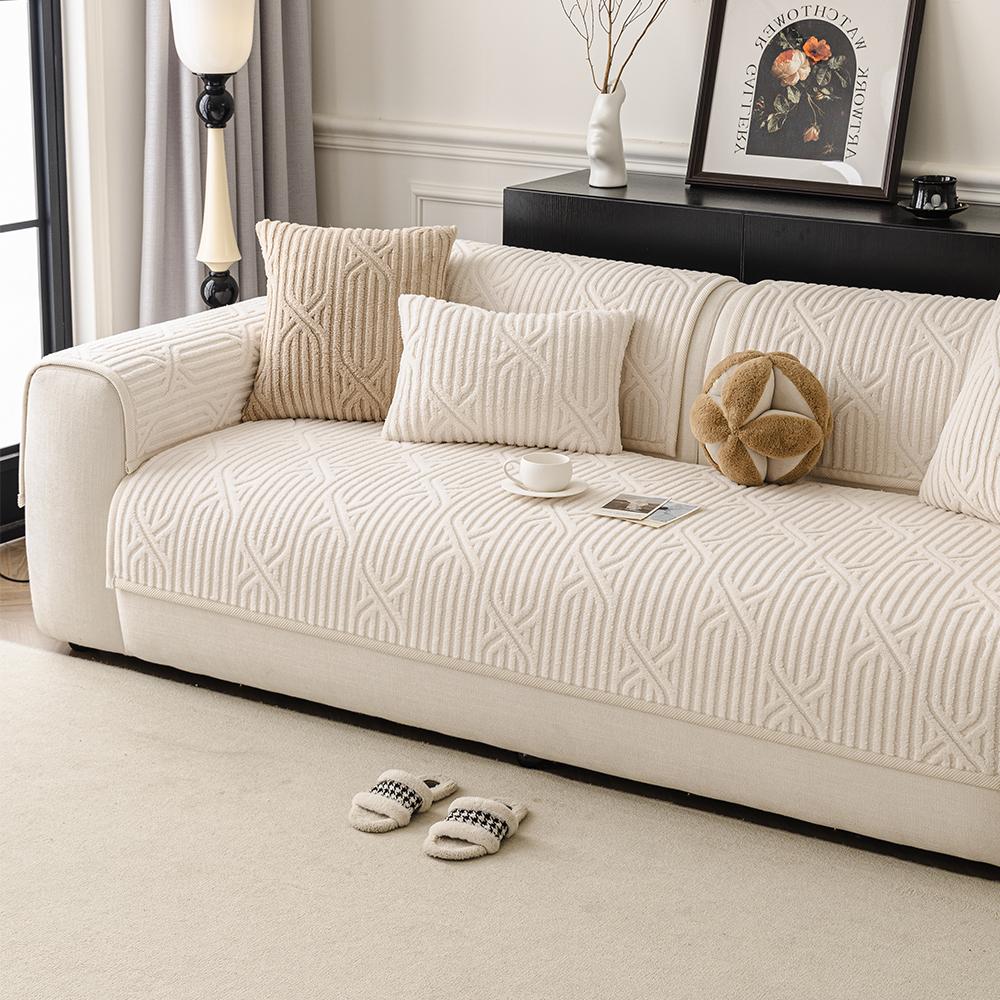 Comfortable Cross-Stitch Plush Sofa Cushion, Thick Soft Pet-Friendly Universal Sofa Protector, Non-Slip Faux Fur Chair Cover for Living Room Bedroom Office Decor