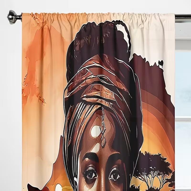 2 pieces, featuring tribal women patterns from Africa. Installed with pocket rods. Digital printed curtains, with filtering function to protect privacy. Suitable for living room, kitchen, bedroom, study, bathroom, hotel, restaurant, and home decoration.