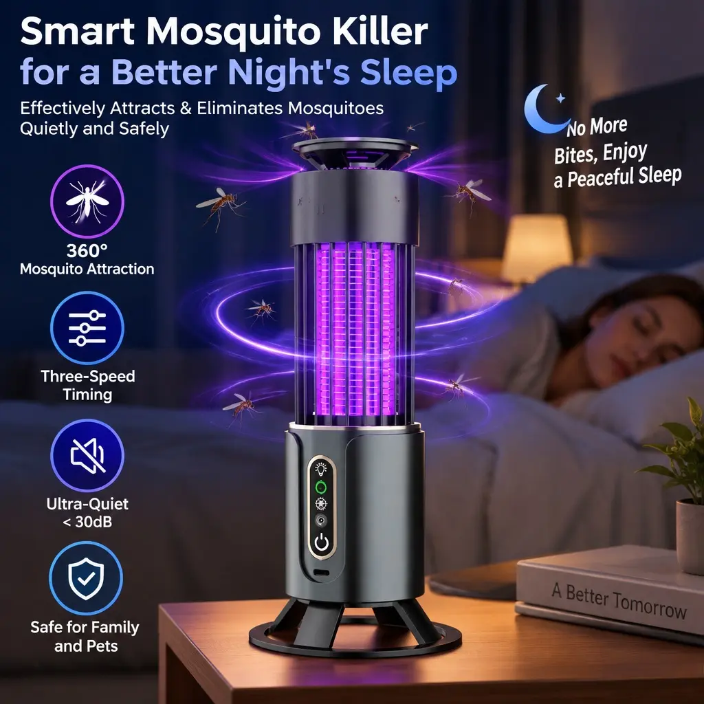 Household Suction Mosquito Killer Light, Rechargeable USB Bug Catcher with Timing Setting & Warm Night Light, Dual‑Use Desktop Wall‑Mount Insect Trap for Indoor Outdoor Scenarios