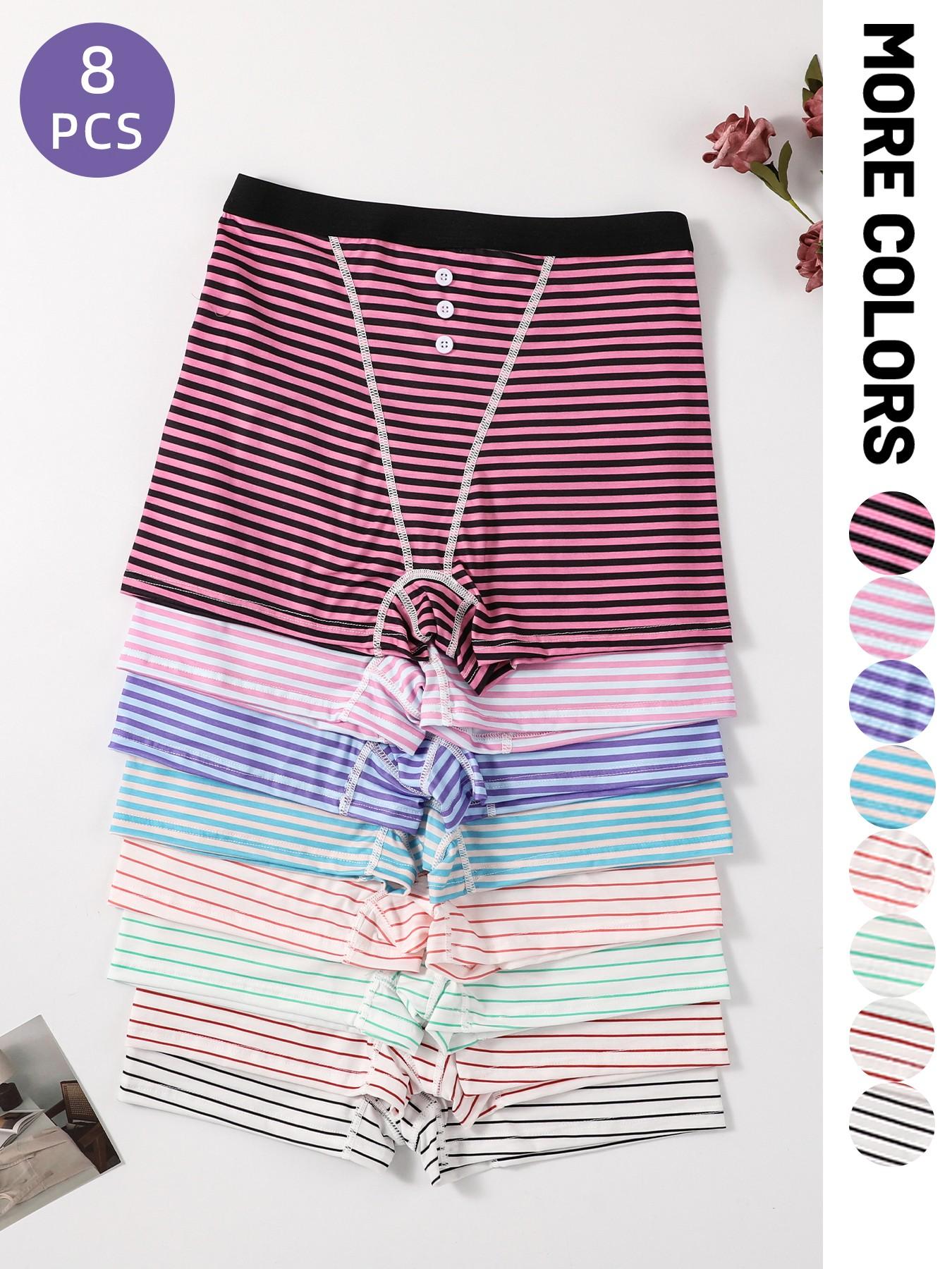 Women's Striped Print Underwear Set, 2/3/5/8 Pieces, Comfortable Breathable Fabric, Casual Style, All Seasons, Fitted Waistband