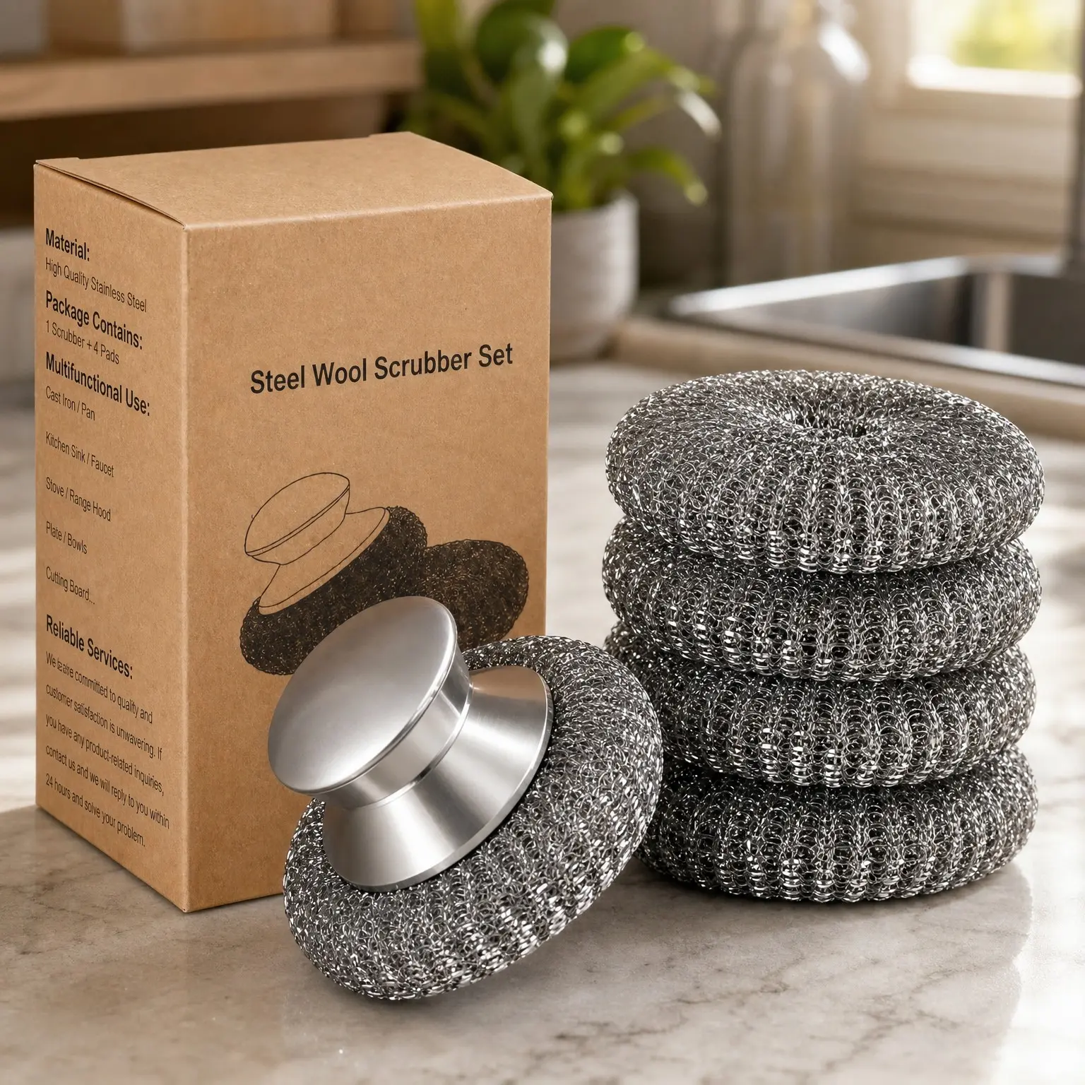 6pcs Steel Wool Scrubber with Handle and Wire Sponge Pads, Stainless Steel Scouring Pads for Cast Iron, Pots, Pans, Grill, Stoves (1 Scrub + 5 Pads)Gift