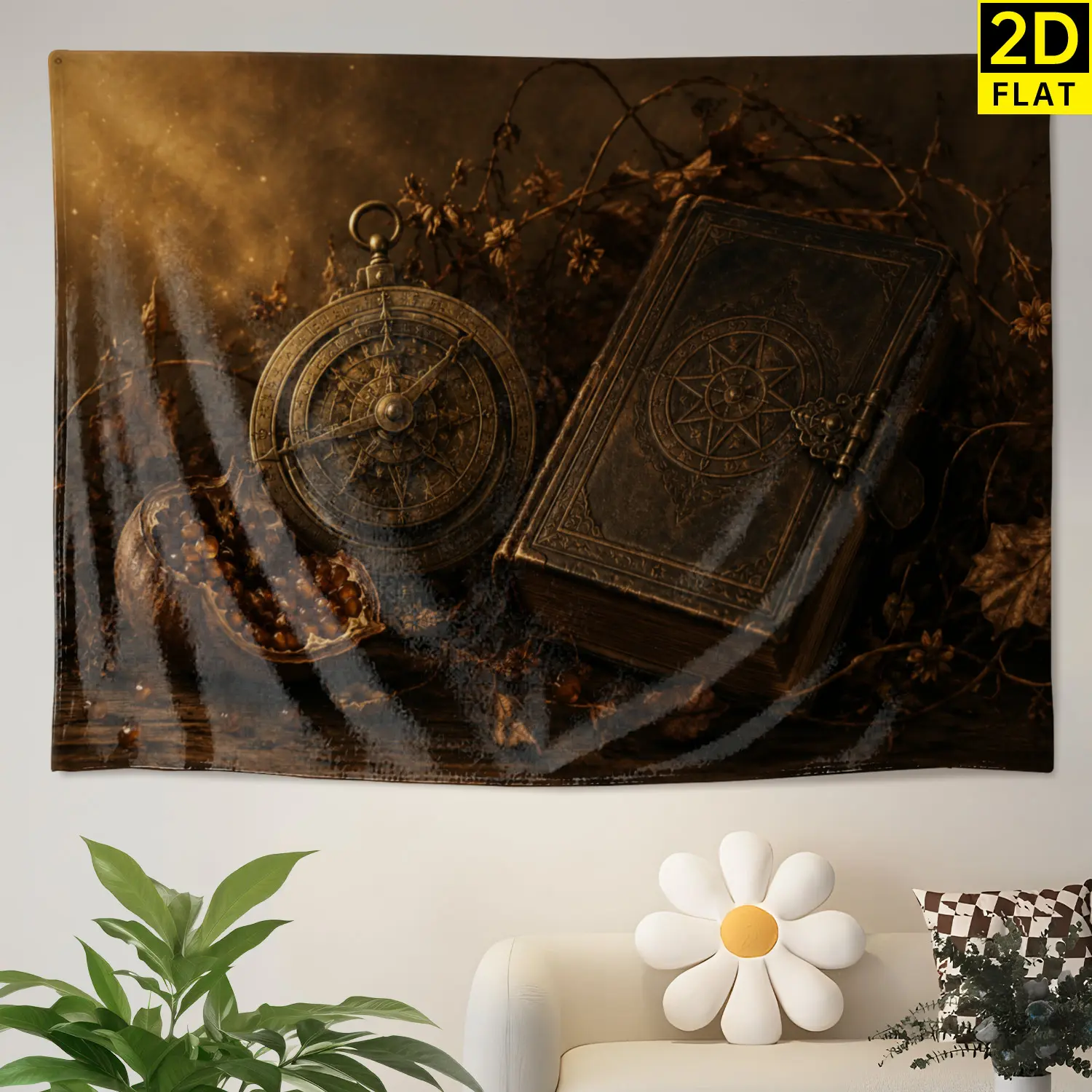 Vintage Compass and Ancient Book Wall tapestry, Large size Printed Horizontal Tapestry blanket, Polyester Fabric Wall Hanging for living room, study room, No Installation Required, Indoor, Outdoor, Gift for Family and Friends, High-Def Print