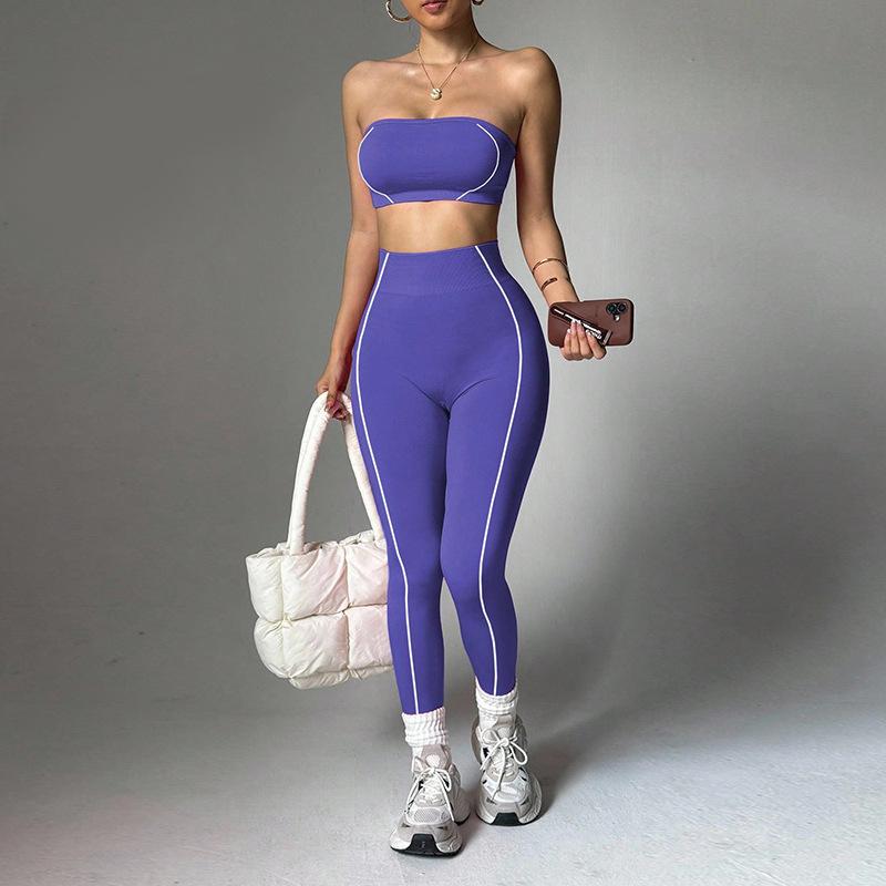 New yoga outfit for women, color-blocked bustier top, peach butt slim-fit long pants, fitness sportswear