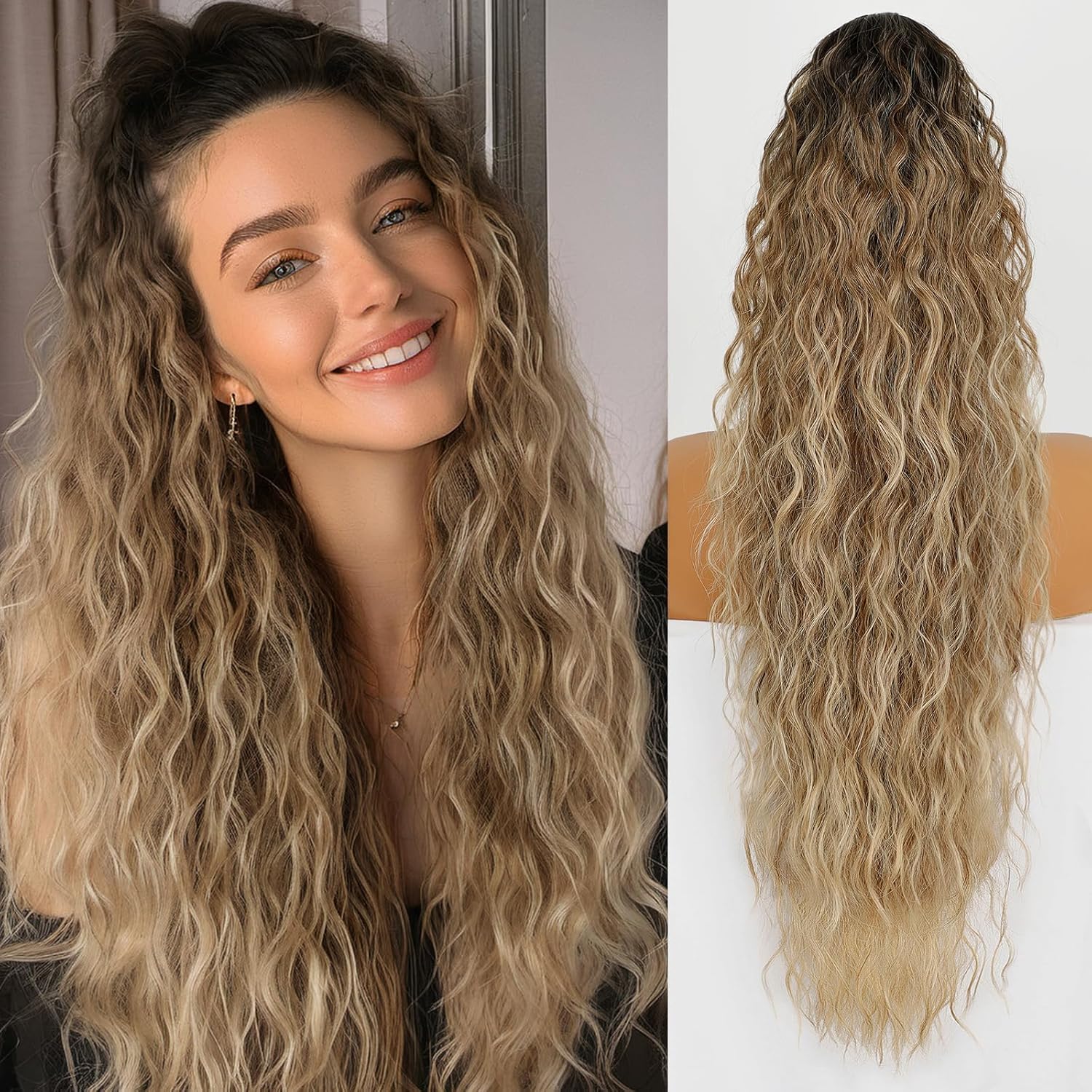 [kookastyle]  Ponytail Extension Claw 30" Curly Pony Tail Clip in Claw Hair Extensions Fluffy Natural Looking Synthetic Hairpiece for Women (Ombre Brown Mix Blonde)