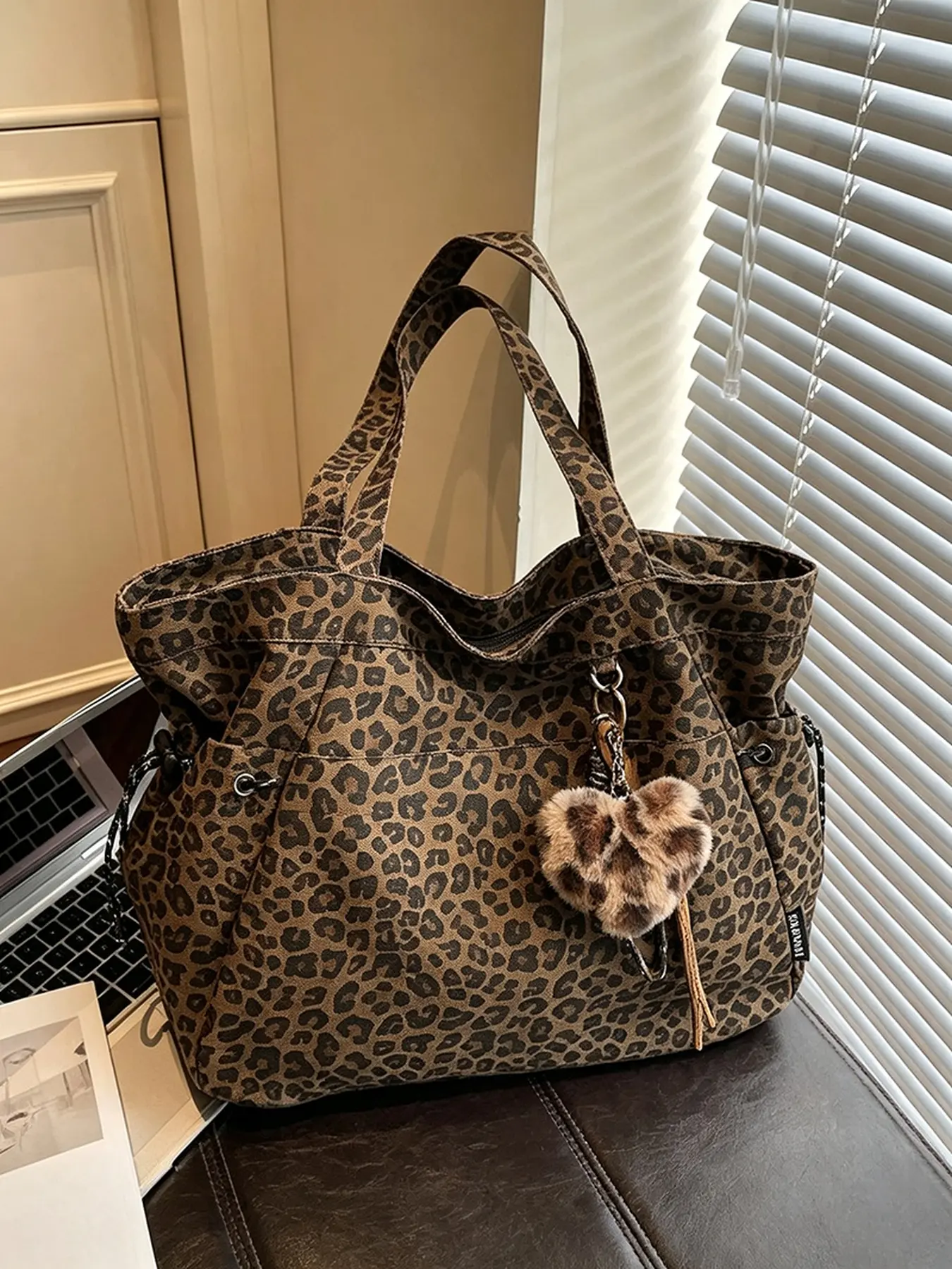 Leopard Print Plush Pendant Tote Bag Large Capacity Fashion Shoulder Crossbody Bag For Work Daily Commute Travel Shopping Versatile Casual Handbag For Women