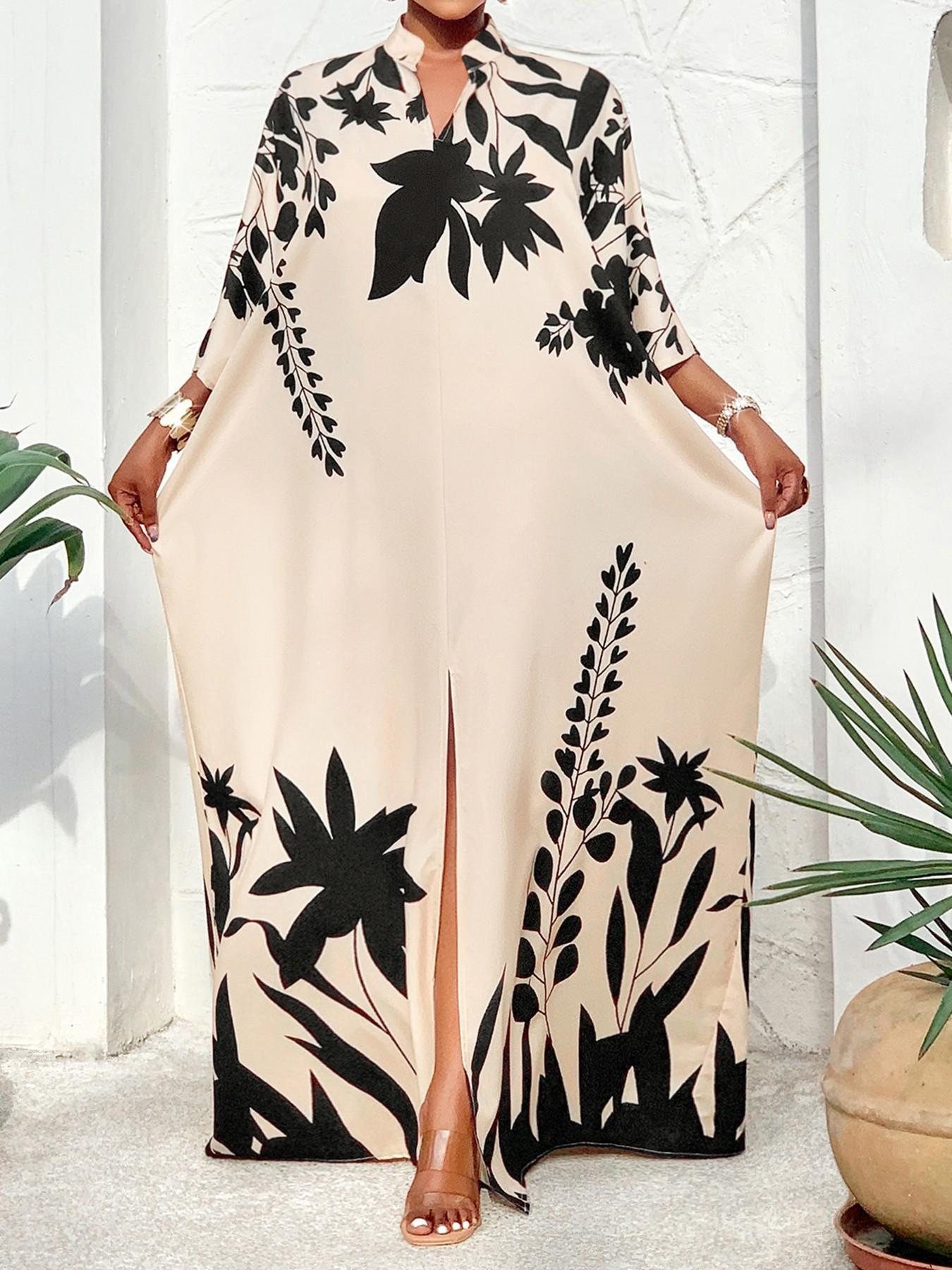 Women's Elegant Long Sleeve V-Neck Batwing Sleeves Split Design Casual Dress, All Season Plus Size Fit Fashion Commuter Wear