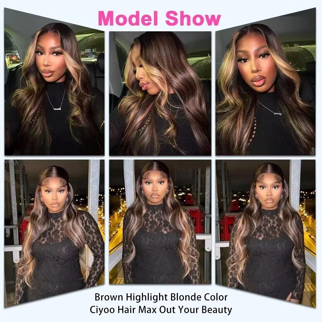 Brown Blonde Highlight Balayage Wig 13X6 Body Wave Human Hair Lace Front Wigs Pre Plucked 180% Density Highlight Ombre Colored Wigs Transparent Lace Frontal Wig Human Hair For Woman Natural Hairline SpringStatements