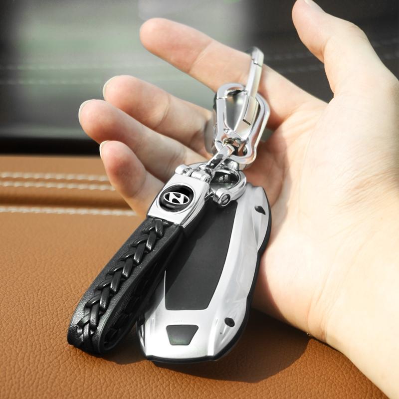 Hyundai Car Logo Leather Keychain, Woven Leather Strap Design, Metal Clip Key Holder, Durable Alloy Car Key Ring, Fashionable Alloy Keychain