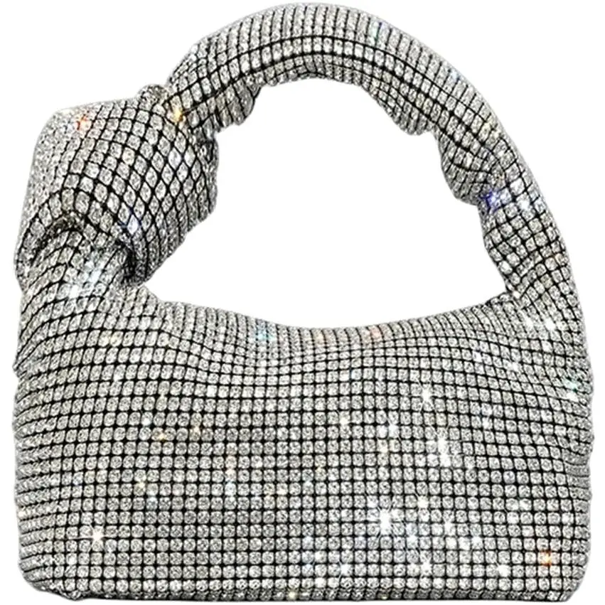 Bling Full Glitter Knotted Handbag for Women  Rhinestone Hobo Dumpling Bag  Evening Clutch Crossbody Bag
