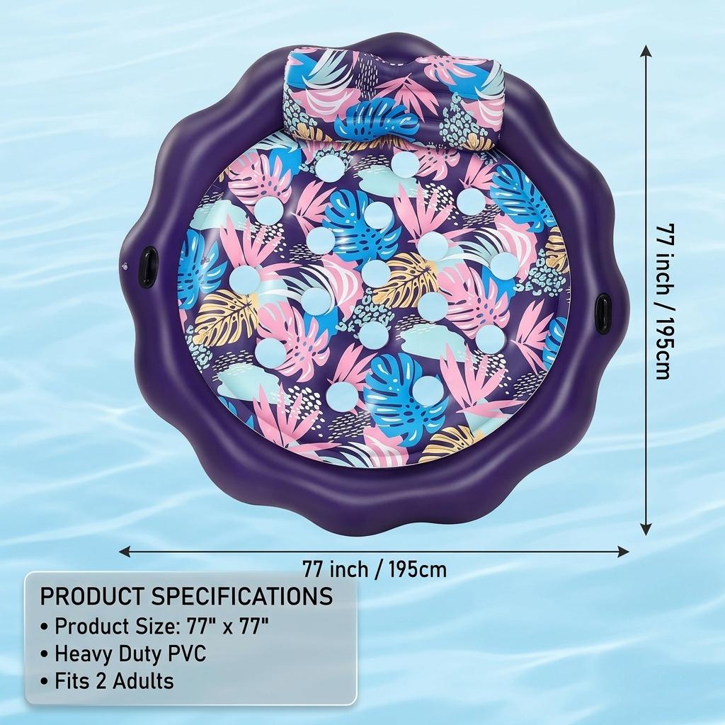 Round Edge Inflatable Sunbathing Pool, 77x77 Inch Thick PVC with Pillow and Drink Holder, Outdoor Floating Lounge Chair, Summer Essential, Swim Ring, Swimming Ring, Pool Floater, Pool Floatie