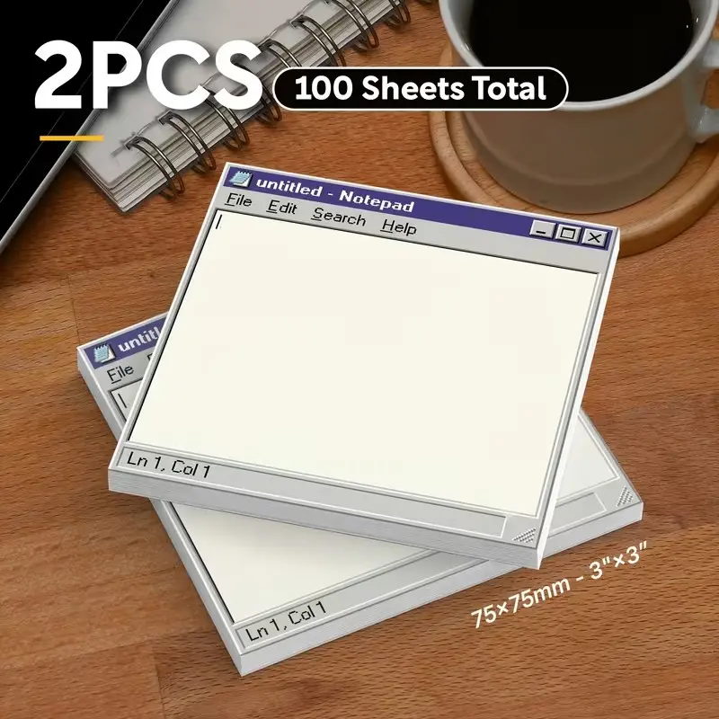 Vintage Computer Sticky Notes, 2 Packs Total 100 Sheets, Retro Memo Pad, Self-Adhesive Reminder Stickers, Office School Desktop Use