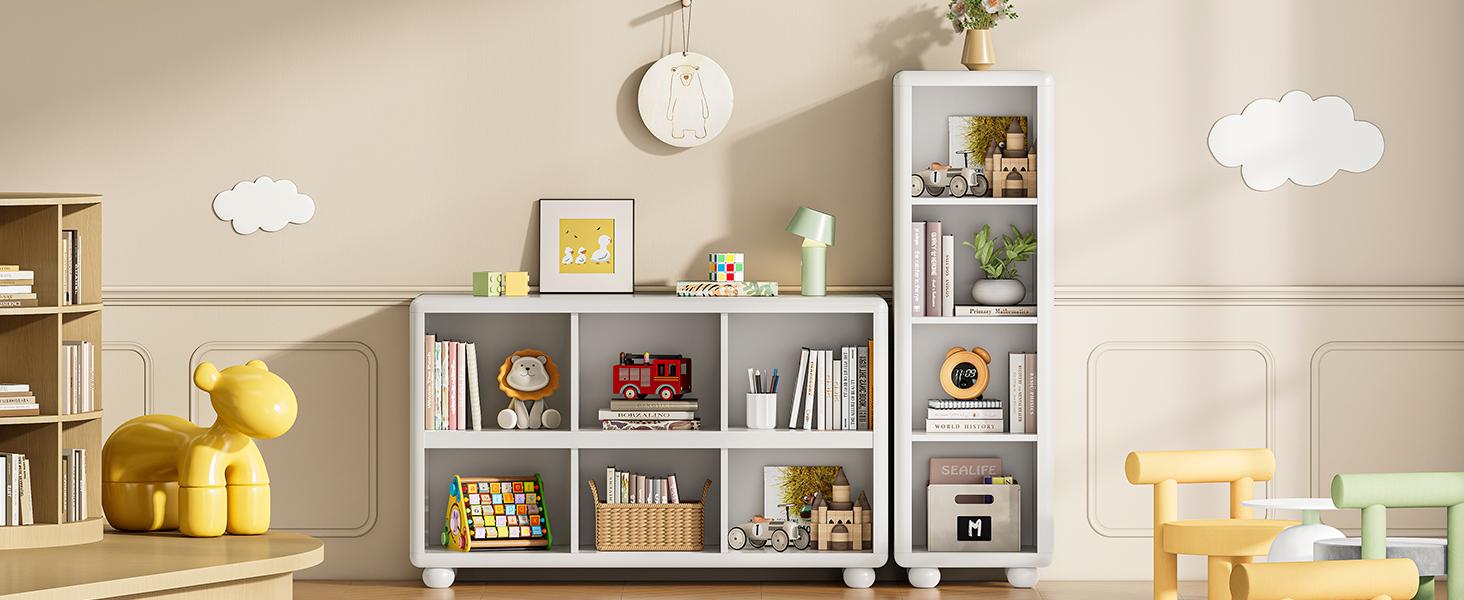 ONBRILL Wooden Bookcase with 6 Cube Storage, Kids Bookshelf with Sphere Foot, Sturdy Toy Storage Organizer, Safe Rounded Corners Bookcase for Living Room, Playroom, Nursery【BlackFridayDeal】
