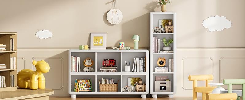 ONBRILL Wooden Bookcase with 6 Cube Storage, Kids Bookshelf with Sphere Foot, Sturdy Toy Storage Organizer, Safe Rounded Corners Bookcase for Living Room, Playroom, Nursery【BlackFridayDeal】