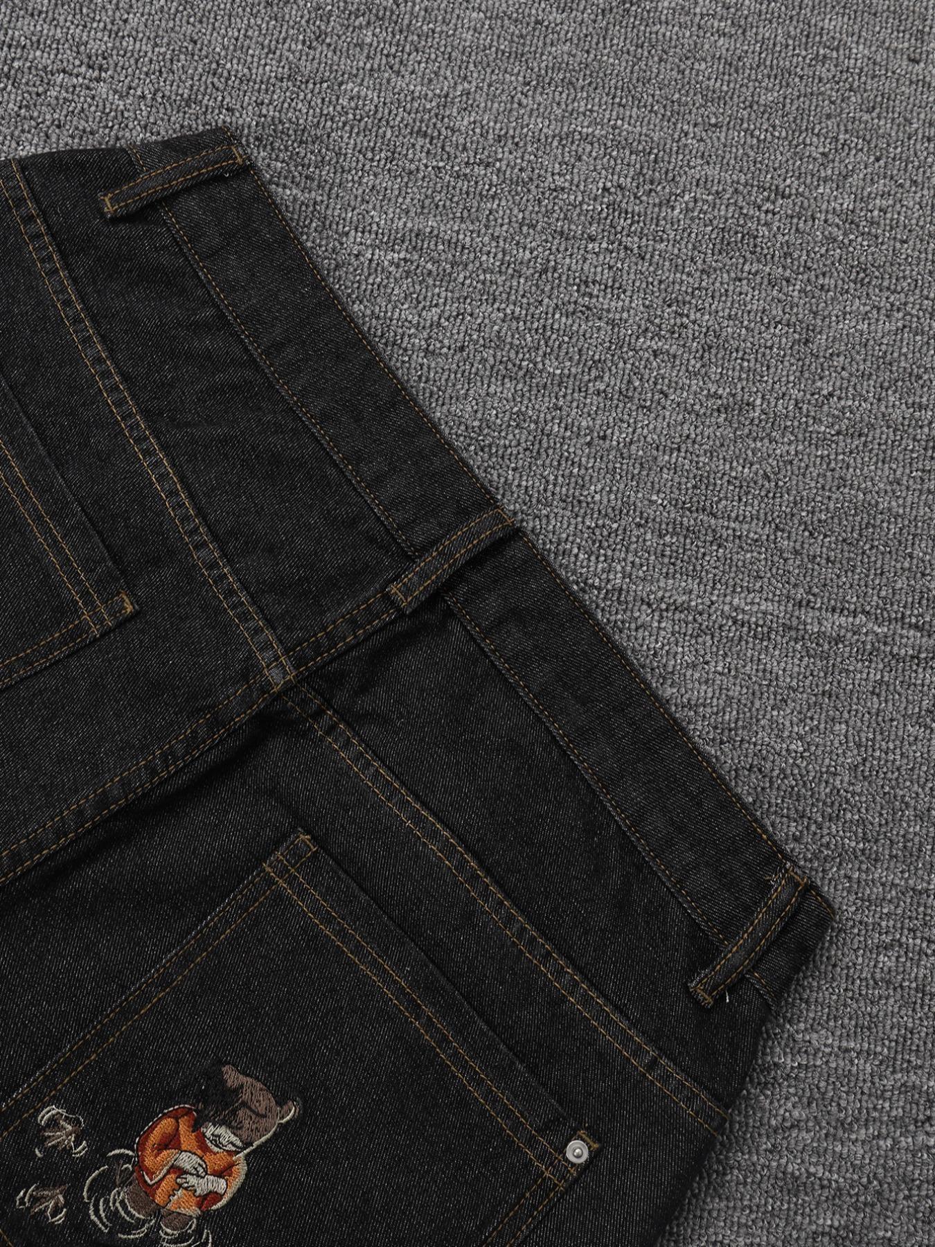 Street Style Streetwear Menswear Koi Embroidered Pocket Wide-Leg Denim Jeans Pants for Men, Casual Loose-Fitting Straight Jeans for All Seasons, Perfect Gift for Boyfriend, Husband, Friends