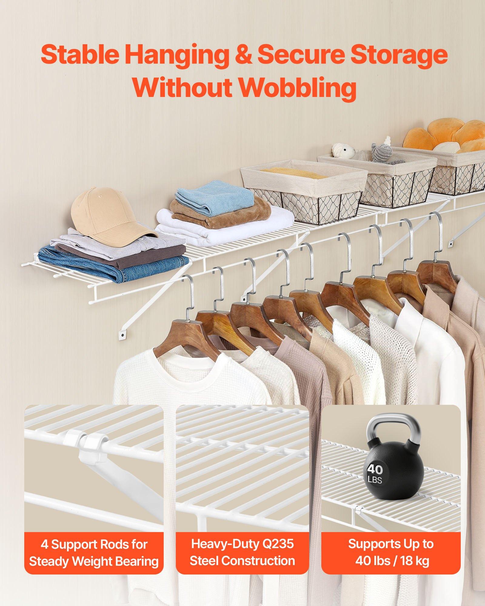 VEVOR Wire Shelf Kit, 4 ft, Set of 2, Wall Mounted Wire Shelves, Heavy-Duty Carbon Steel Hanging Shelf, Floating Wall Storage Shelves with Dip Coating, for Closet, Bedroom, Living Room, Office, Pantr VEVOR Wire Shelf Kit, 4 ft, Set of 2, Wall Mounted Wire Shelves, Heavy-Duty Carbon Steel Hanging Shelf, Floating Wall Storage Shelves with Dip Coating, for Closet, Bedroom, Living Room, Office, Pantr