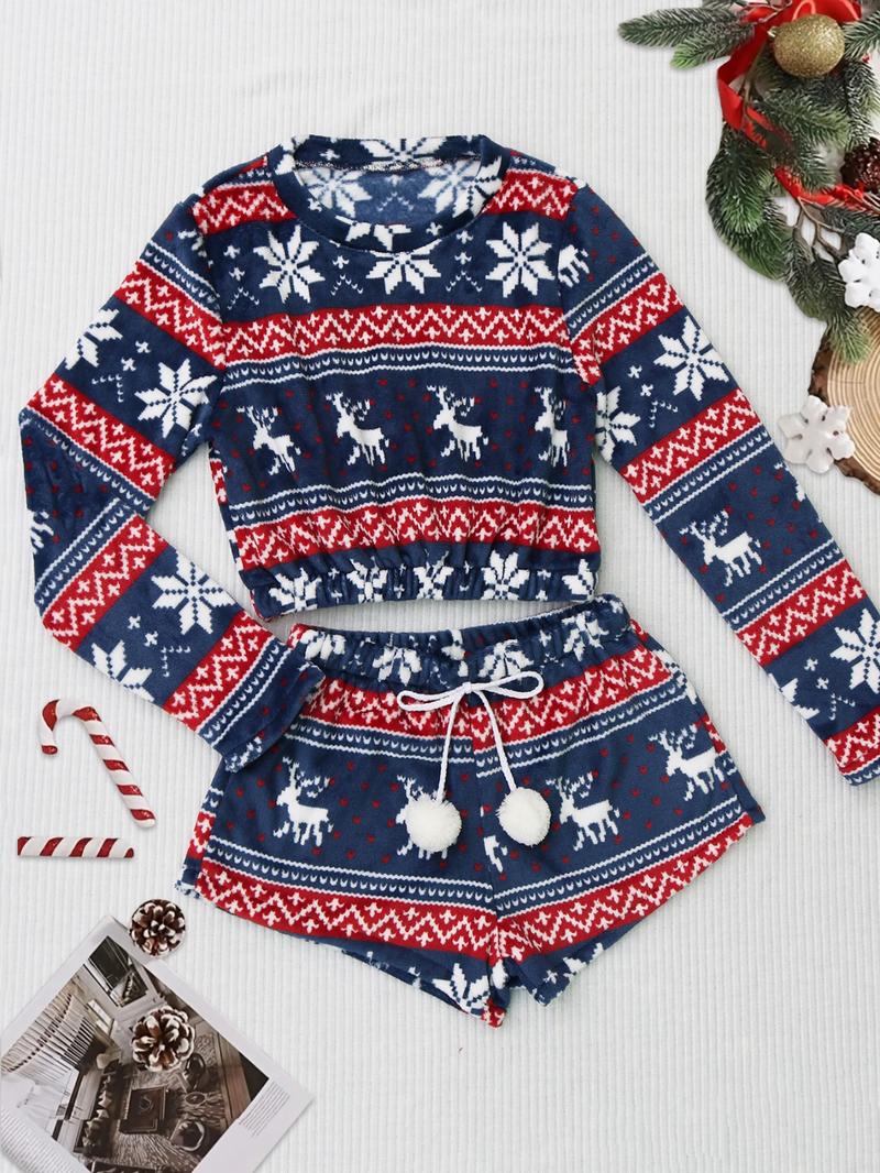 Women's Geometric Print Coral Fleece Loungewear Set, Fluffy Pajamas, Boho Long Sleeve Sleep Top & Pom Pom Decor Drawstring Shorts, Women's Sleepwear, Valentine's Day Gift for Girl