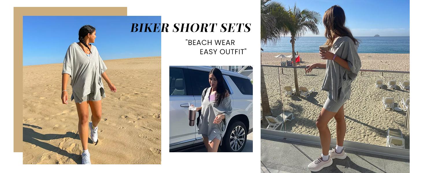 Tanming Women's Oversized 2 Piece Workout Hot Shot Set - Reversible V Neck Tee & Biker Shorts - Casual Streetwear for Yoga & Lounging - Flowy & Comfortable #SpringStatements