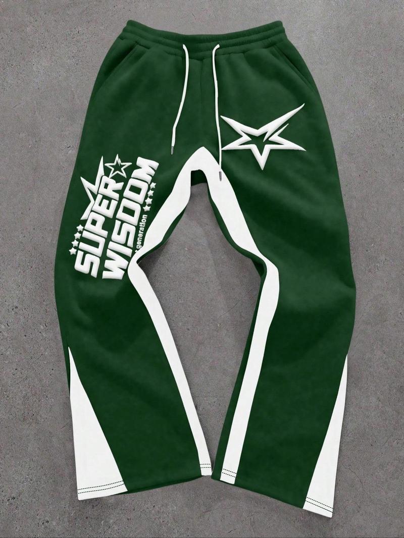 Men's Colorblock Letter & Star Print Sweatpants, Casual Comfy Straight-leg Pants for Daily Wear, Men's Trousers for All Seasons, Athleisure Style Bottoms