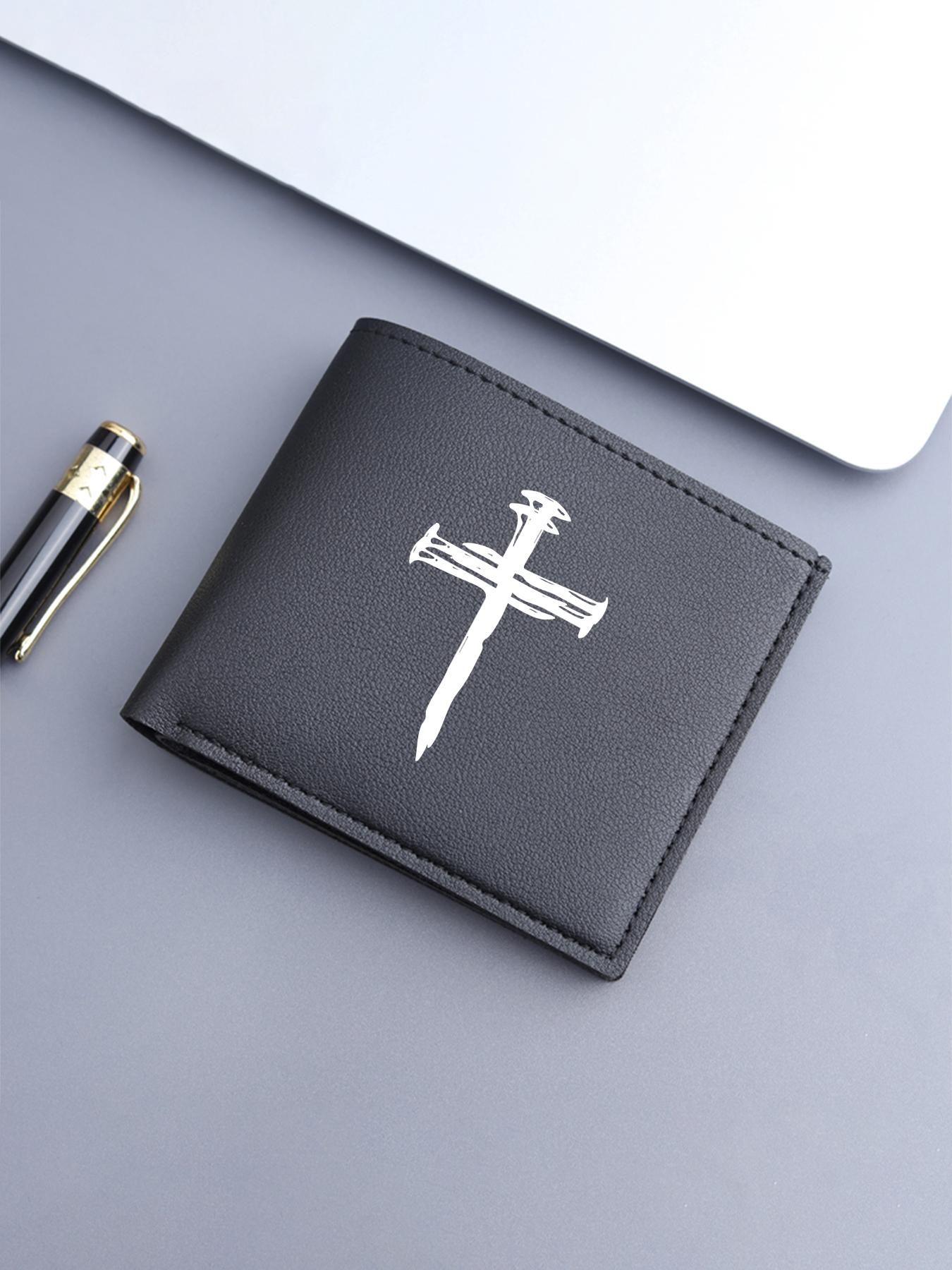 Neutral Style PU Leather Cross Print Wallet, Compact Foldable Card Holder, Unisex Lightweight Religious Money Clip, Ideal for Work, School, Travel