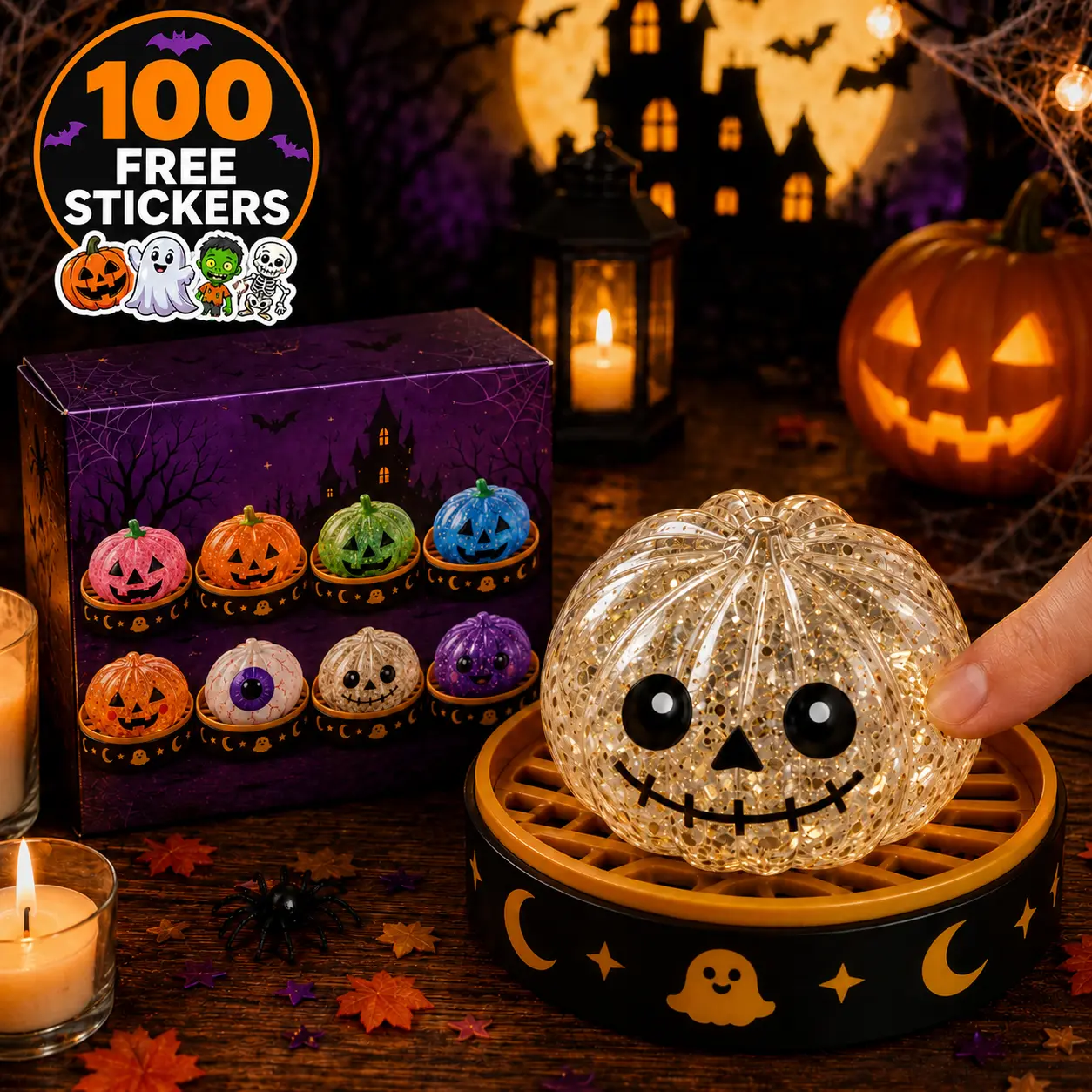 Cauldron Cutie Glitter Dumpling Slow-Rising Squishy Set - Mini Steamer Boxes, Pumpkin, Gold Skull, Creepy Eyeball, Purple Vampire Ghost Toys - Unisex Spooky Cute Stress Reliever Sensory Fidget Balls for Trick-or-Treat Bags, Party Favors