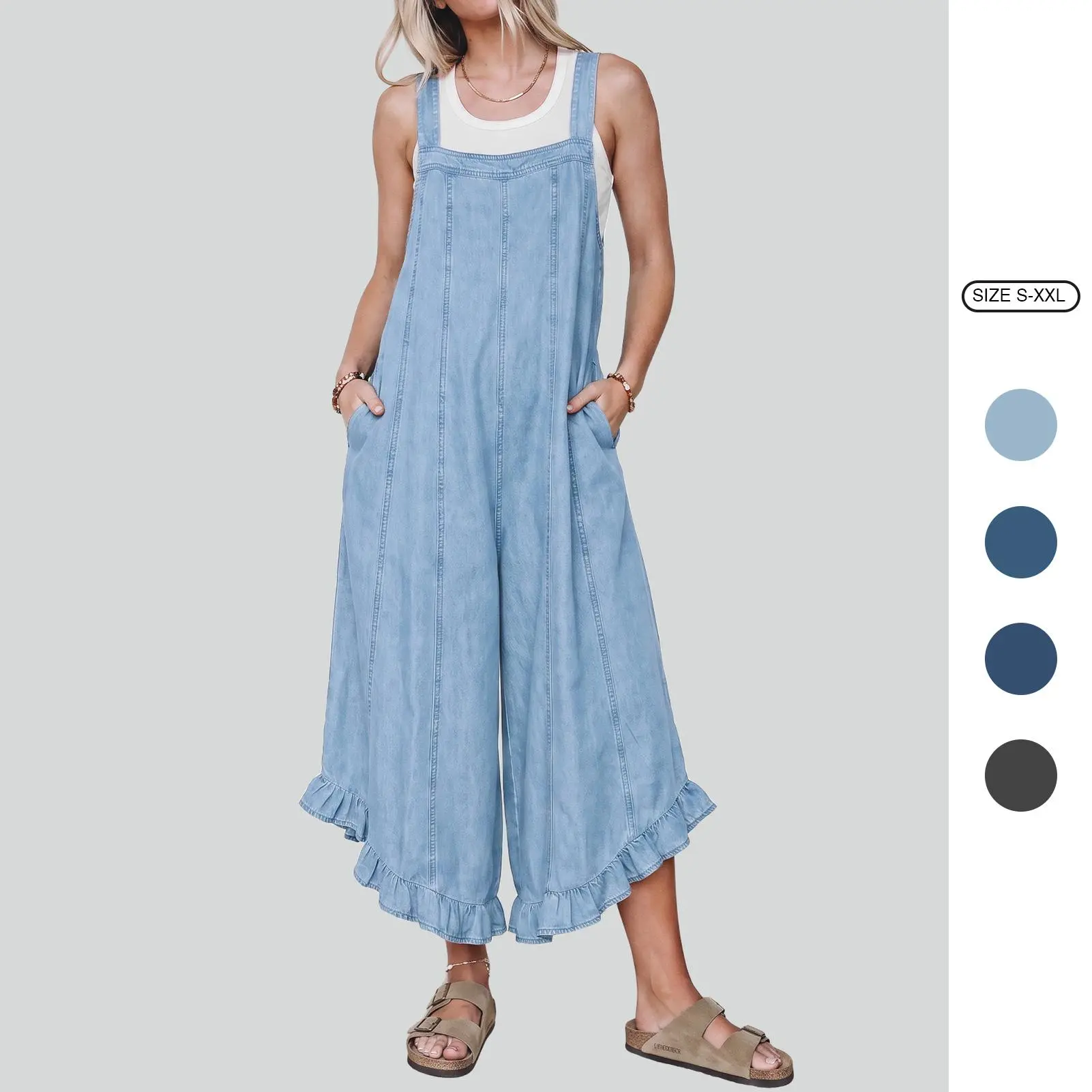 Imily Bela Women’s Soft Tencel Denim Overalls Wide Leg Jumpsuit with Ruffle Hem and Side Pockets