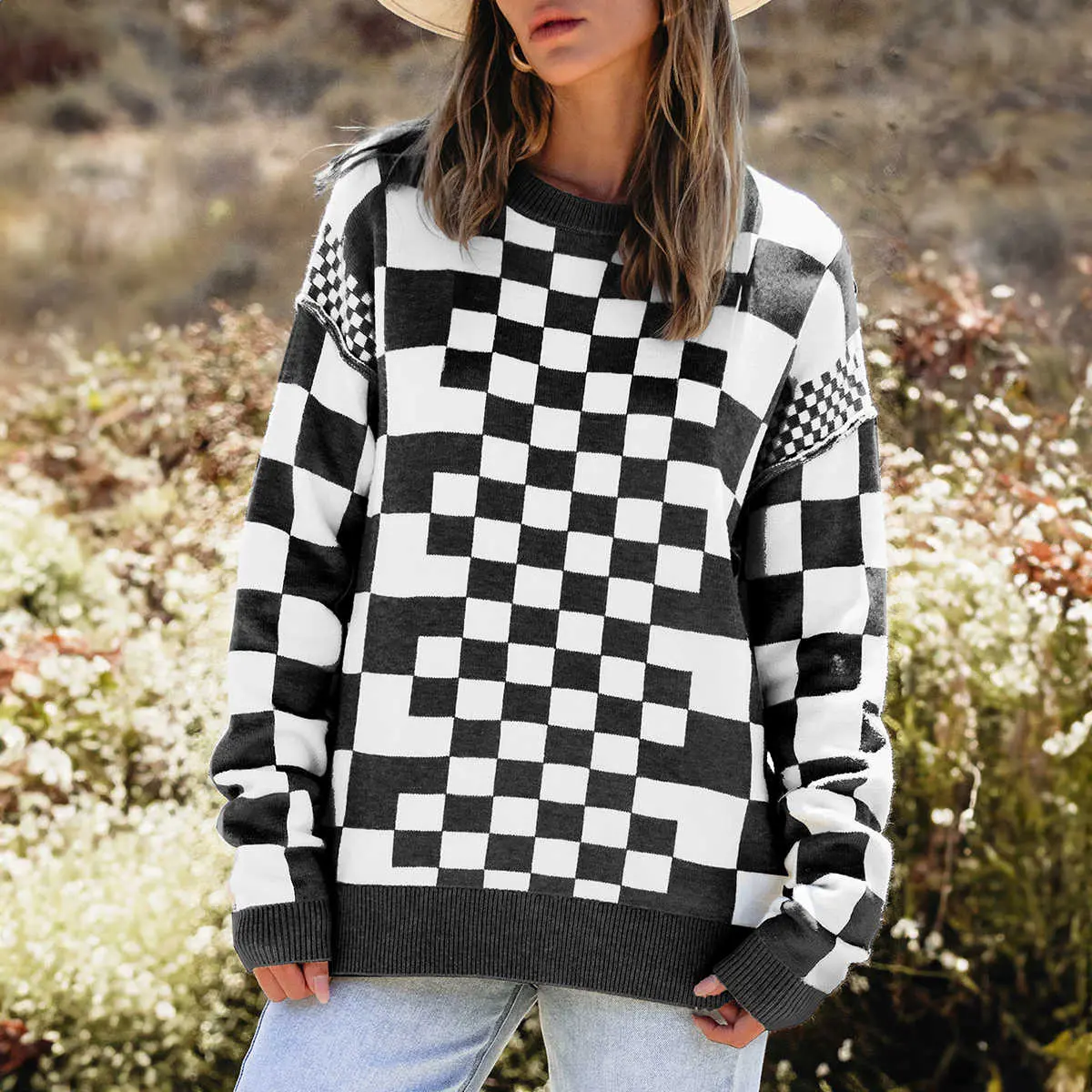 Black Checkered Print Drop Shoulder Round Neck Sweater Soft Womenswear