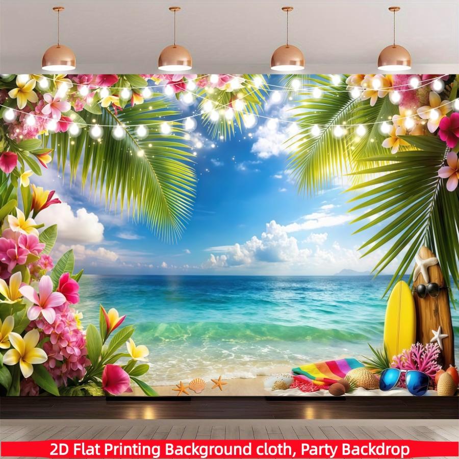 Summer Hawaiian Beach Background Banner, Sky, Ocean Tropical Flowers Palm Leaves, Surfboard Photography Background, Suitable for Hawaiian Party Decoration Banner, Living Room, Bedroom, Office and Outdoor Decoration, Party, Seasonal Decoration