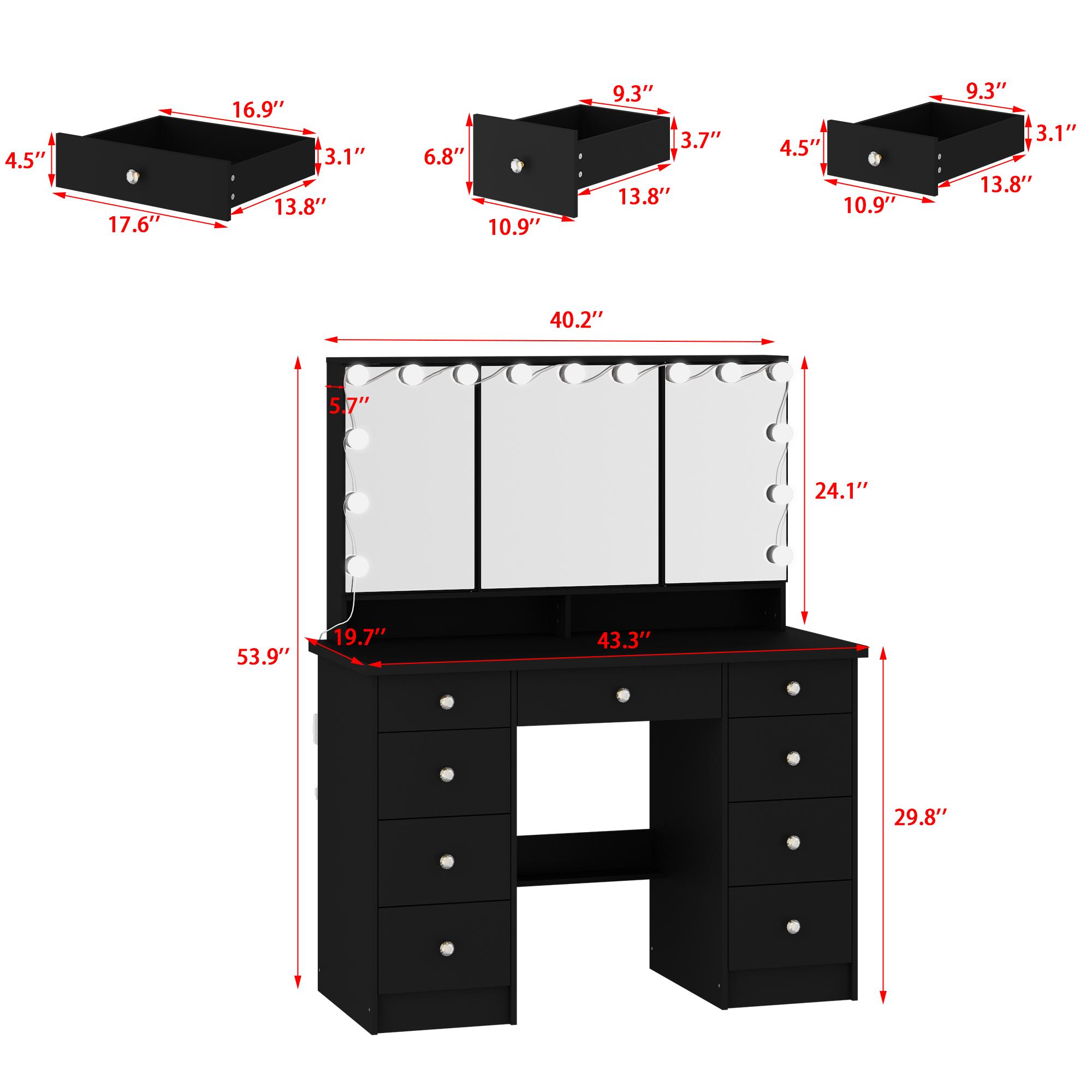 FUFUGAGA-43.3"W Vanity Desk With 9 Drawers, Makeup Desk With 3-Mirror And Touch Screen Light, Dressing Makeup Table For Bedroom