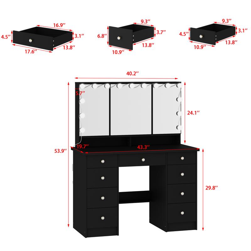 FUFUGAGA-43.3"W Vanity Desk With 9 Drawers, Makeup Desk With 3-Mirror And Touch Screen Light, Dressing Makeup Table For Bedroom