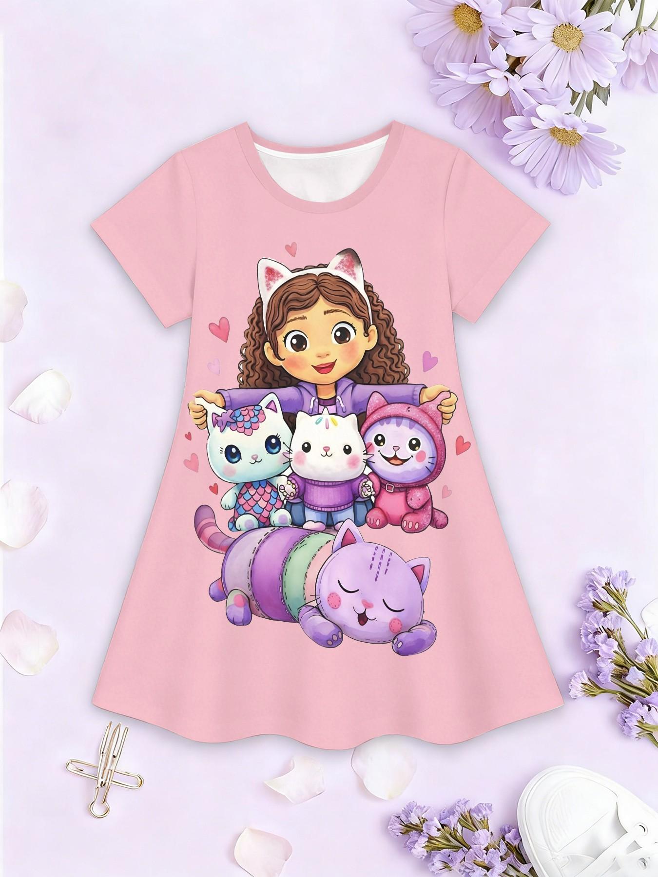 Girls' Cartoon Cat Full Print Dress, Short Sleeve A-Line Summer Casual Dress, Birthday Gift, Festival Gift, Fitted Style