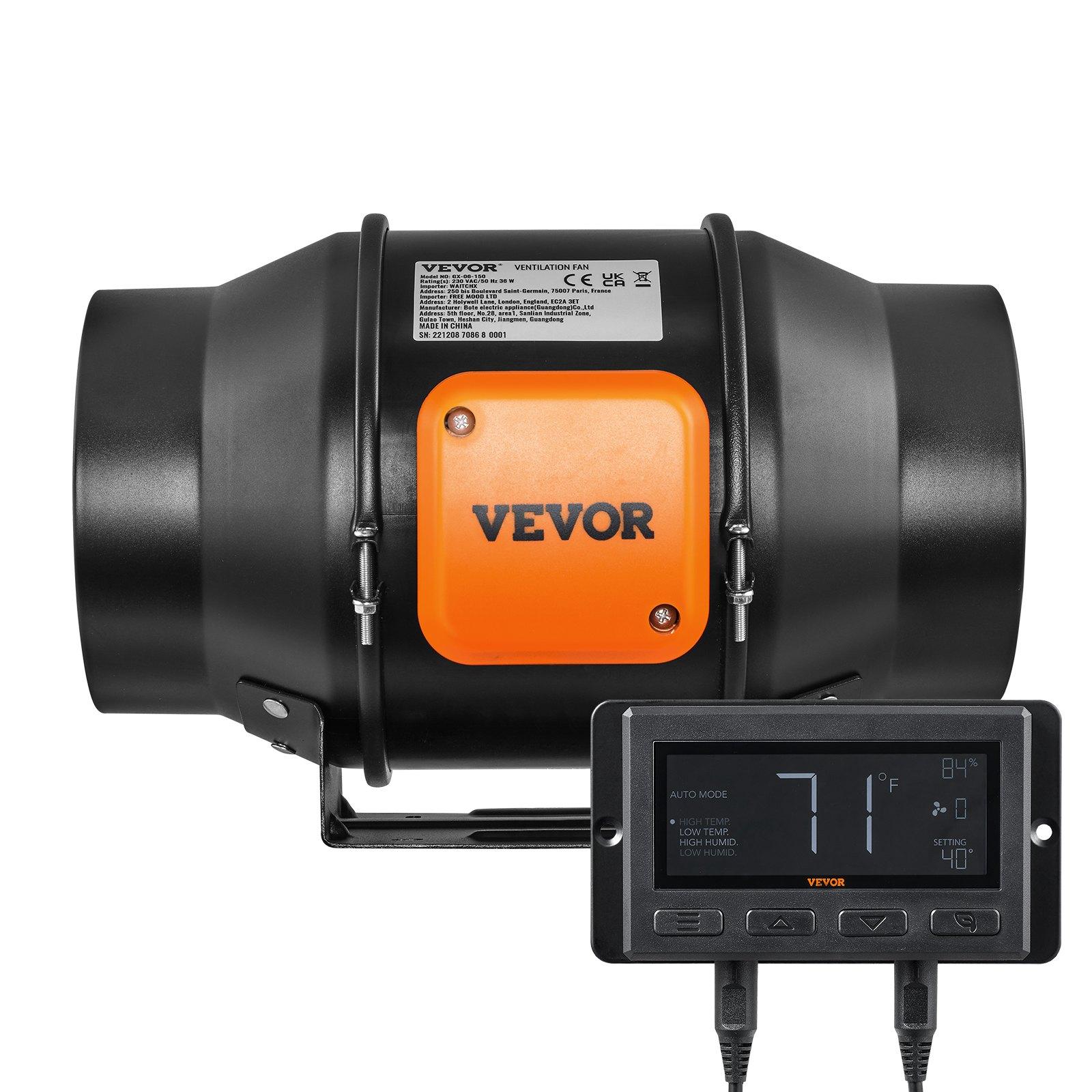 VEVOR 6-inch EC Inline Duct Fan Ventilator, 402 CFM with Temperature & Humidity Controllers, Quiet Motor Exhaust Fan for Grow Tents, Hydroponics Cooling Boosters (EC 6-inch Ventilator)