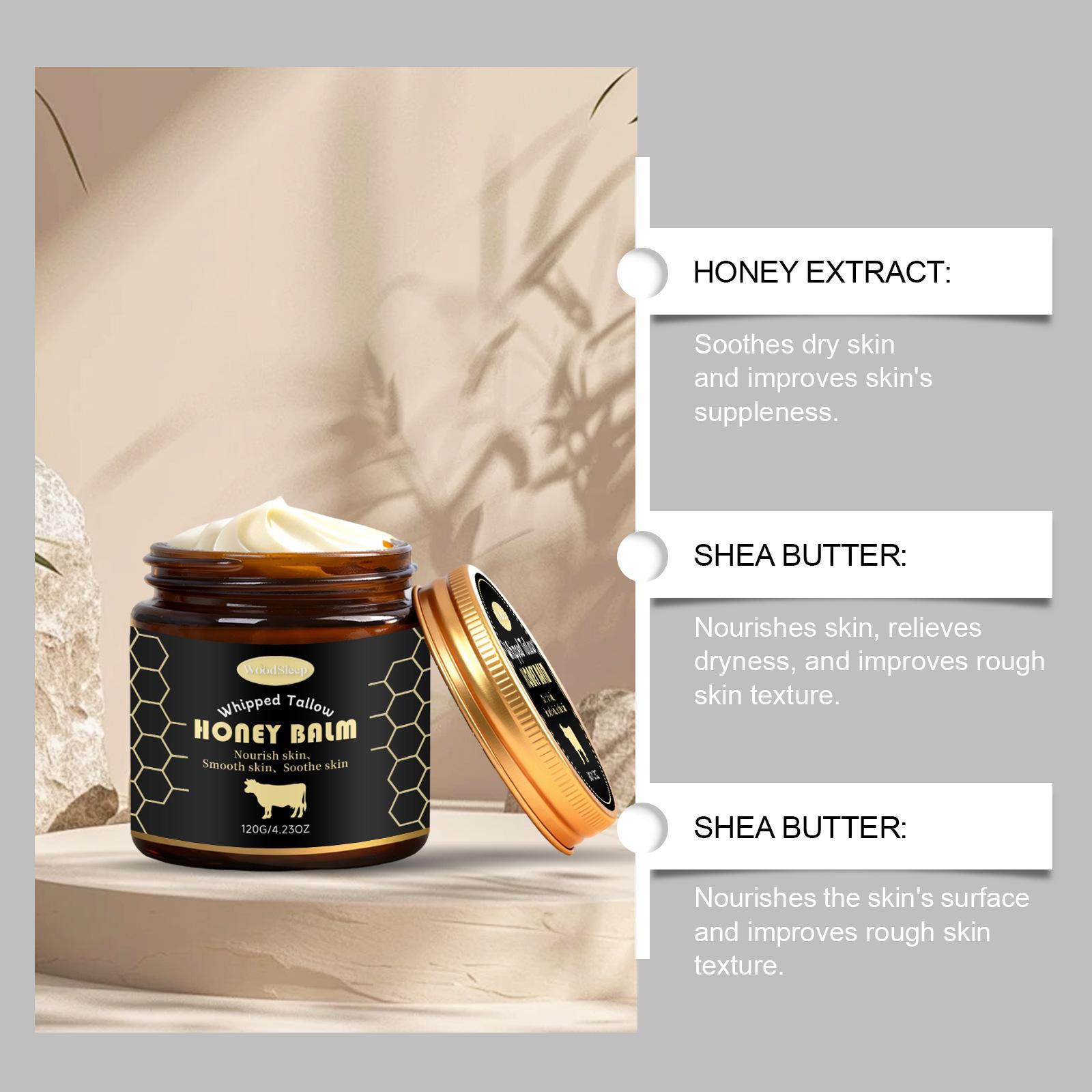WOODSLEEP Whipped Grass-Fed Beef Tallow Honey Balm - 4.23Oz,Moisturizing Cream for Soft, Smooth Skin - Handmade All-Natural Moisturizer - Hydrating, comfort, moisture boost cream, luminous firming cream, body care, hydrating dry skin