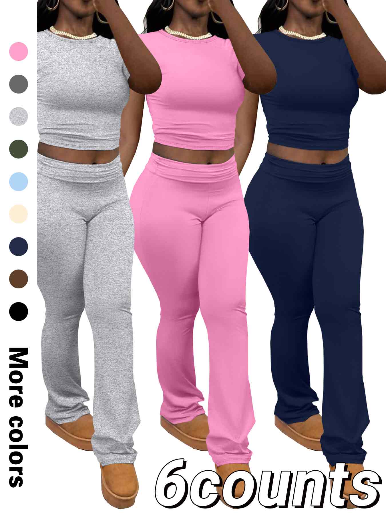 Women's Solid Color Crop Tee & Flare Leg Pants Two-piece Set, Casual Fashion Cozy Round Neck Short Sleeve Top & Trousers for Daily Outdoor Wear, Ladies Clothes for Summer