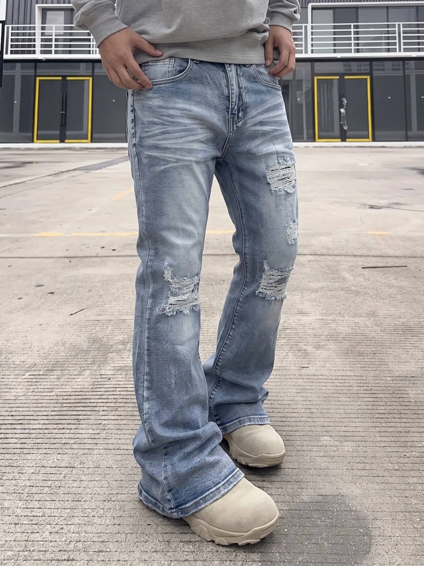 Light Blue Washed Ripped Micro Flare Jeans for Men, American Vintage Bleached Thread Large Rips Frayed Elastic Slim-Fit Long Pants, Y2K Fashion, All Seasons